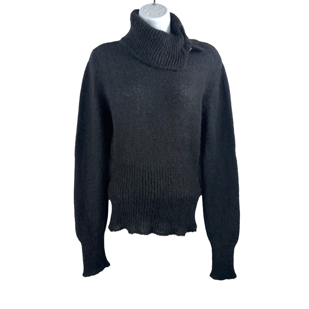 Sisley Sweater L Black Mohair Wool Fuzzy Buckle Turtleneck Minimalist Y2K